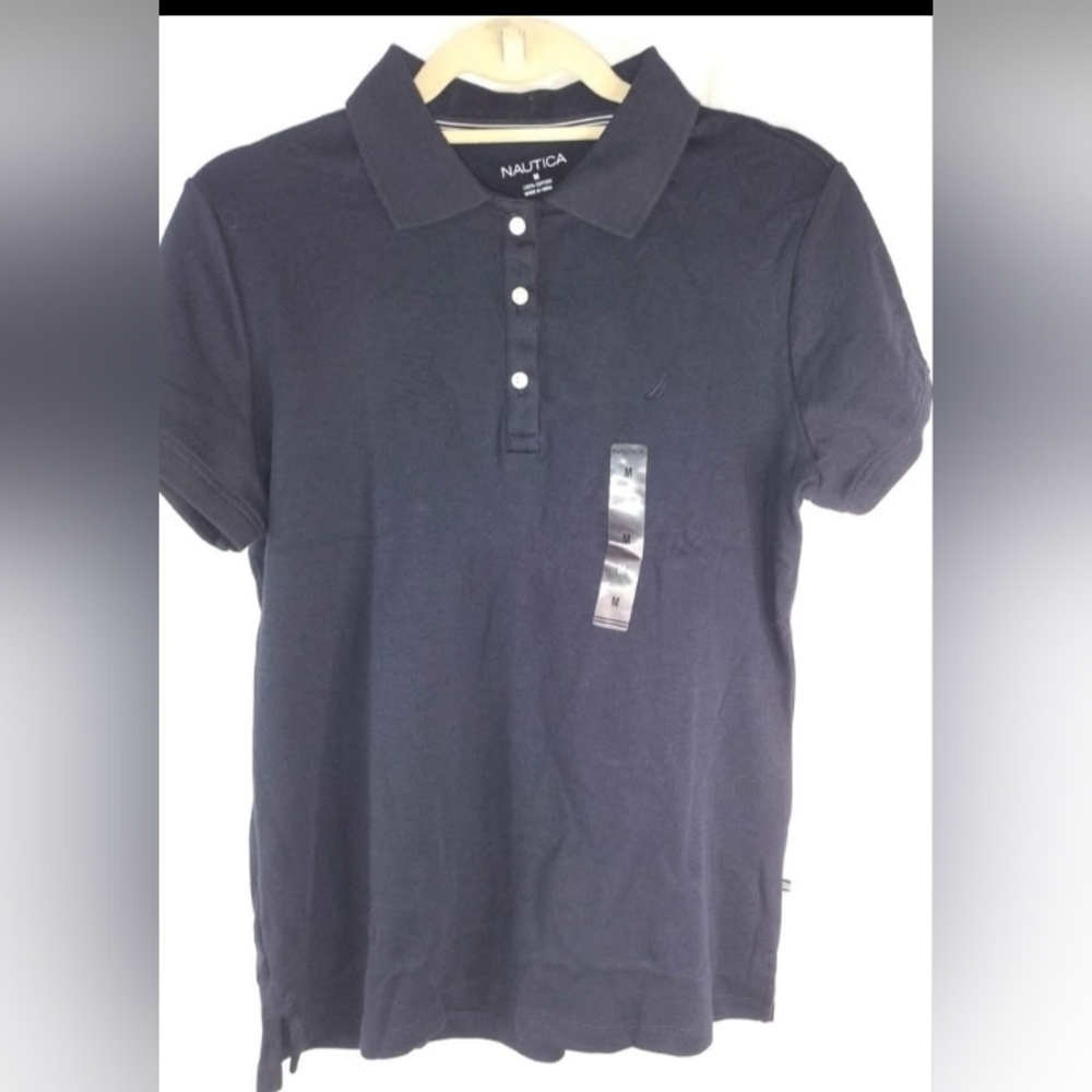 NWT Nautica Women's Navy  3 Button Short Sleeve Polo  Size M-100% Cotton